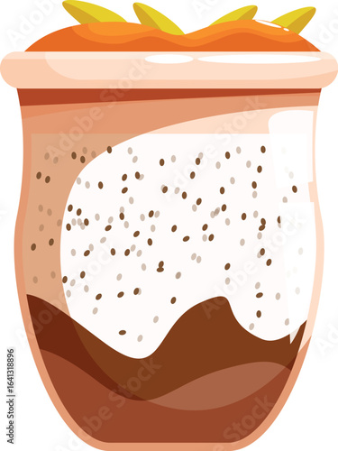 Layered dessert served in a glass, featuring chia seeds and a mango topping, perfect for a sweet treat