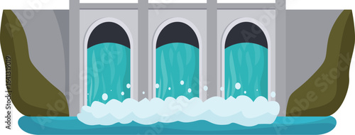 Water flows through dam, generating renewable energy at hydroelectric power plant