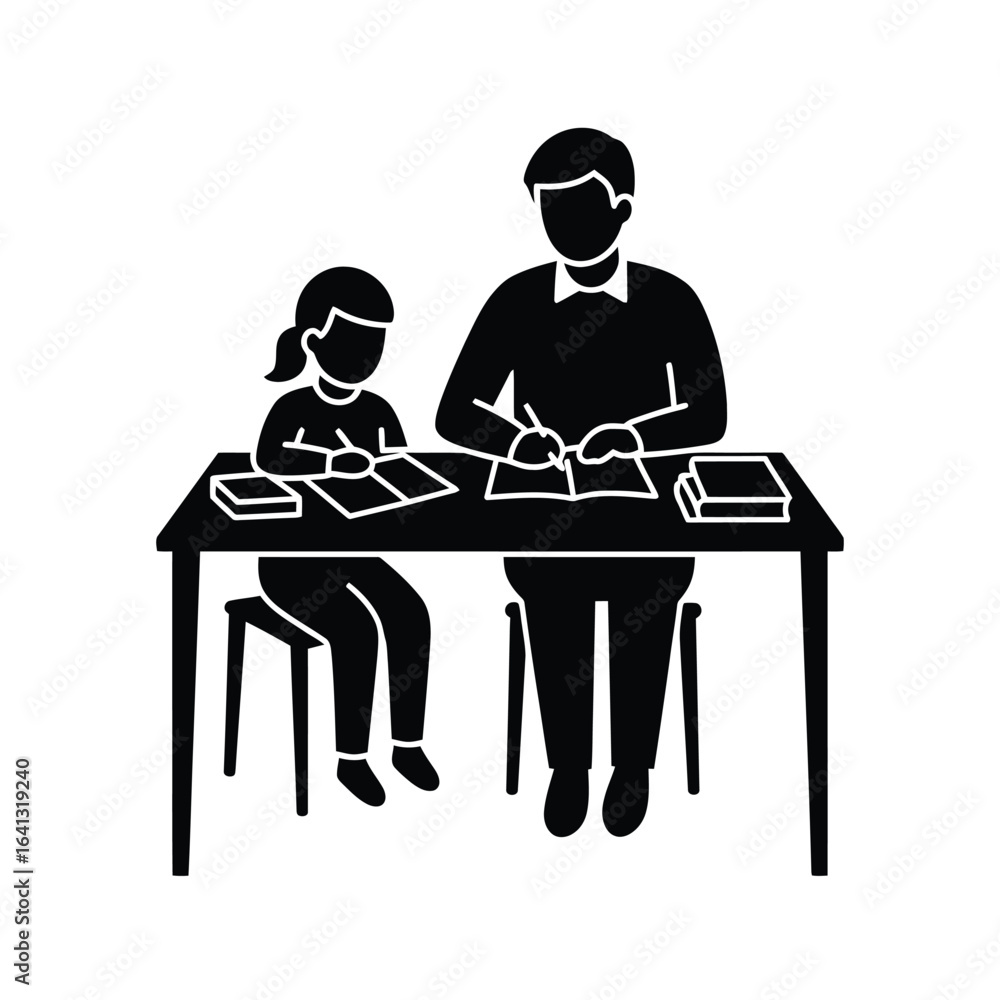 Father and daughter studying together at a desk, isolated on white background Father and daughter studying together at a desk, isolated on white background