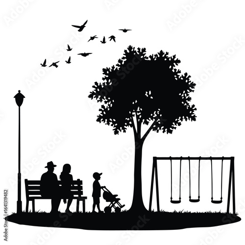 Family enjoying park with swings and birds flying silhouette