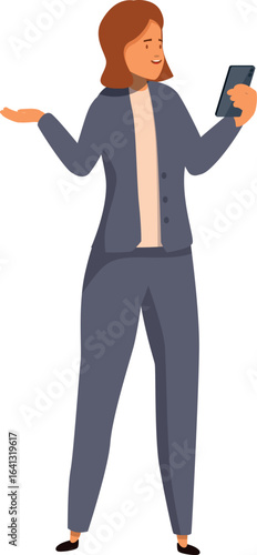 Businesswoman is making a video call, recording a video blog, or participating in online conference