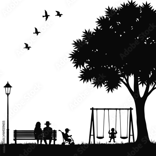 Family silhouettes in park with swings and birds children
