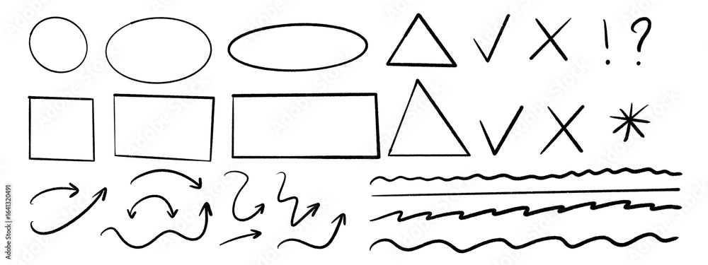 Fototapeta premium Big bundle of black hand-drawn design elements including arrows, rectangles, and oval marker shapes on transparent background