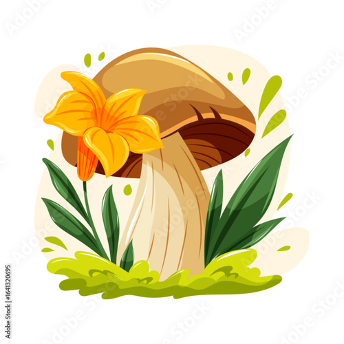 Brown forest mushroom with bright yellow flower, green grass and leaves. Whimsical vector illustration in cute cartoon style.