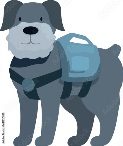 Miniature schnauzer dog wearing a backpack and harness, ready for an adventure