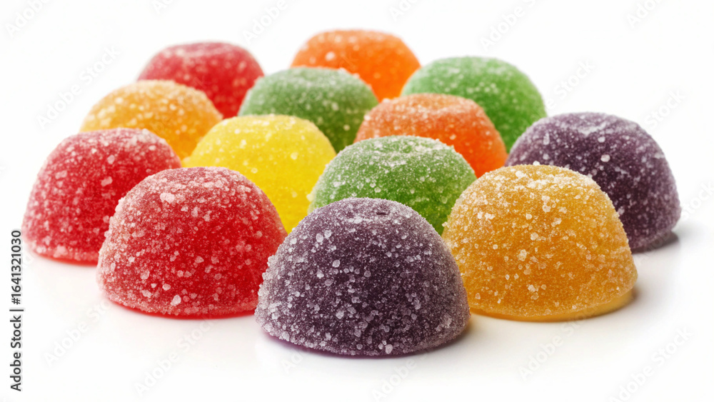 A vibrant assortment of sugar-coated jelly candies in various colors including red, yellow, green, orange, and purple. Each candy has a soft, rounded dome shape and is covered in a sparkling layer of A vibrant assortment of sugar-coated jelly candies in various colors including red, yellow, green, orange, and purple. Each candy has a soft, rounded dome shape and is covered in a sparkling layer of