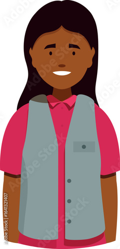 Portrait of a friendly and approachable shop assistant smiling, wearing a grey vest and pink shirt, providing excellent customer service