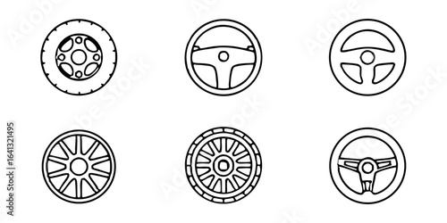 Set of outline illustrations of car wheels and steering wheels  