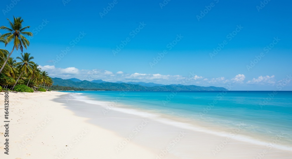 Serene Tropical Beachscape: Palm Trees, White Sand, Azure Ocean