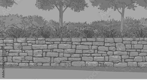 Monochromatic stone wall design with shrubbery and trees for architectural backgrounds