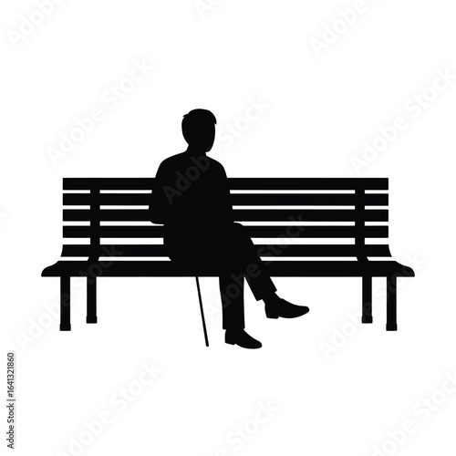 Silhouette of a blind person sitting on a bench with a cane, isolated on white background