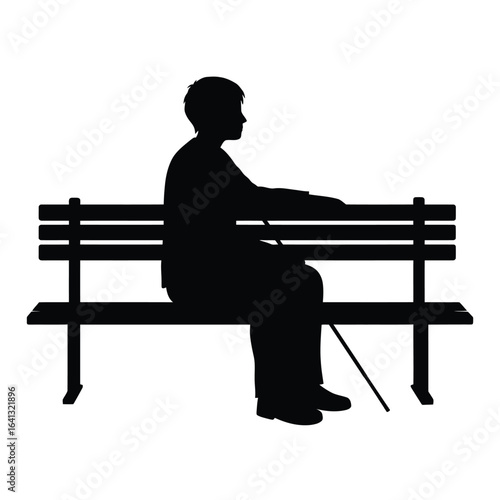 Silhouette of a blind person sitting on a bench with a cane, isolated on white background