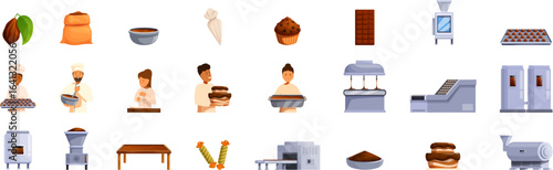 Chocolate making icons set. Collection of icons representing chocolate making process, from cocoa beans to bars, candies, and cakes, highlighting industrial production and pastry chefs