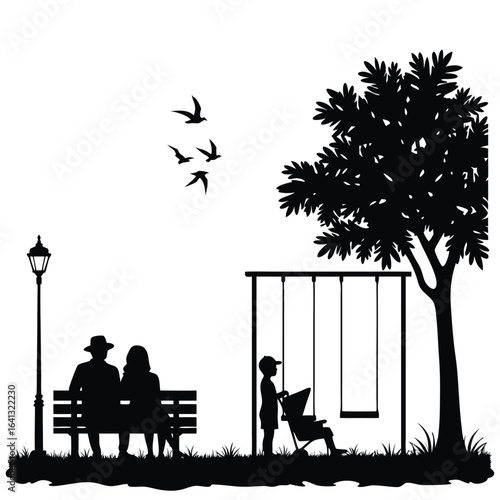 Couple on park bench with child at swings and flying birds
