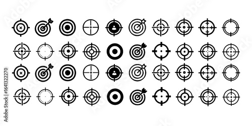 Target and aim icon set, crosshair, bullseye vector, precision, accuracy, and focus icon for aiming, archery, shooting, or navigation