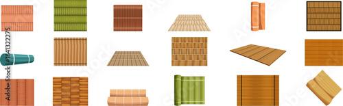 Sushi mat icons set. Bamboo mats, rugs, and sushi rolling mats are showcased in various styles, colors, and orientations