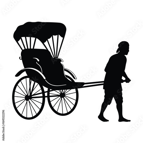Silhouette of a man pulling a traditional rickshaw with a canopy, isolated on white background
