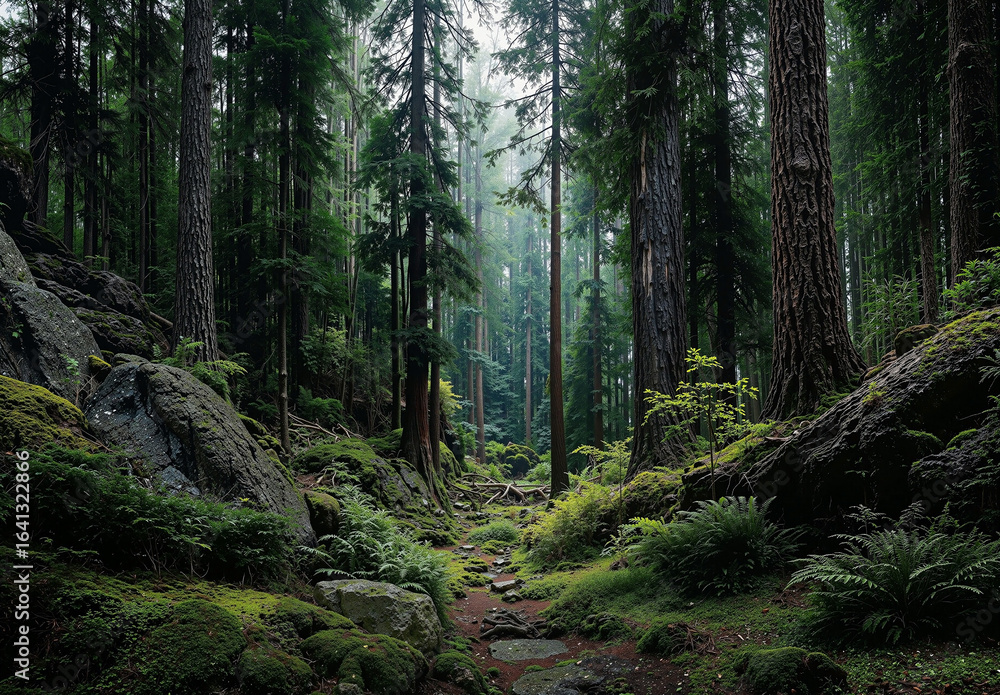 Obraz premium Lush ancient forest with towering evergreen trees moss covered rocks and ferns in peaceful untouched natural wilderness