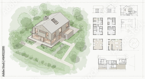 Architectural visualization of a modern house design with floor plan details