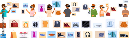 Virtual shopping icons set. People using vr headsets are shopping online and choosing products like clothes, shoes, electronics, and accessories