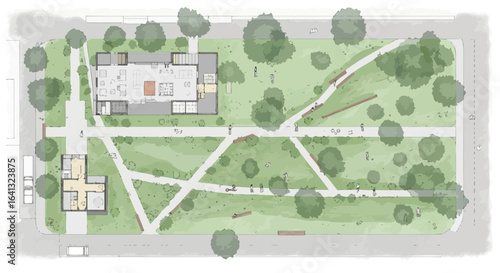 Detailed architectural plan of a park showcasing buildings and walkways aerial view