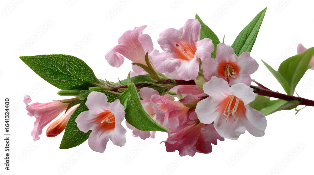 Obraz premium Blossoming Beauty: Delicate pink flowers in full bloom, with vibrant green leaves, branch gracefully. It evokes feelings of tranquility and a celebration of nature's elegance.