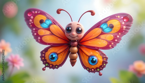 A Colorful and Cute Cartoon Butterfly with Large Friendly Eyes