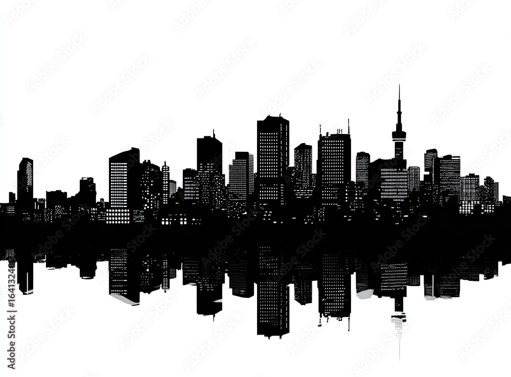 Fototapeta premium Black and white city skyline reflected