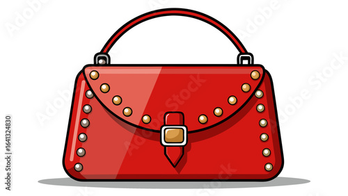 small red women's handbag, decorated with metal rivets, frontal arrangement, on a white background