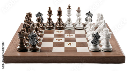 Strategic Showdown: A poised chess set, captured from a high-angle perspective, invites viewers into a tactical game of strategy and competition. The chessboard, meticulously arranged.