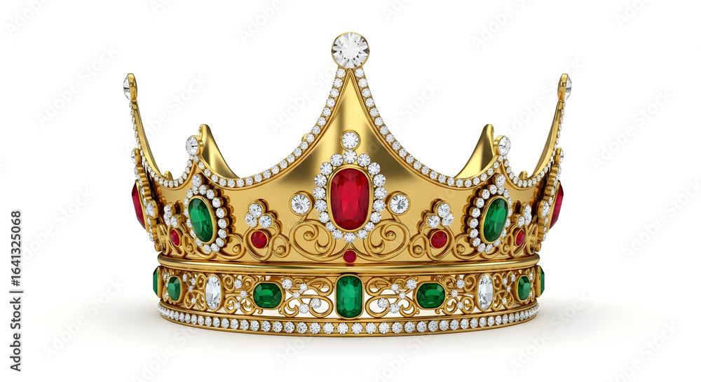 Obraz premium Ornate golden royal crown adorned with precious red and green gemstones on a white background