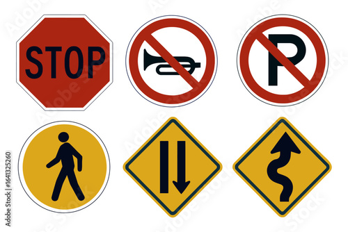 Free Download Set of regulatory and warning traffic signs for road safety, including the stop, no parking, and pedestrian symbols. - GFXLoad