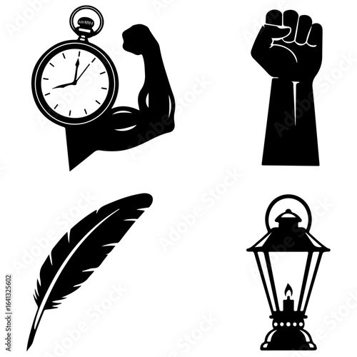 Journey through time and strength, where a wise feather pen writes stories illuminated by a guiding lantern.