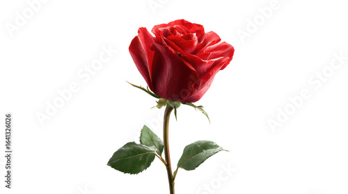 Single red rose flower with green leaves, isolated on white background.