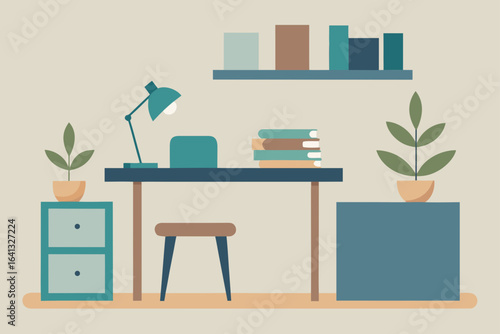 neutral toned study clean desk indoor plant