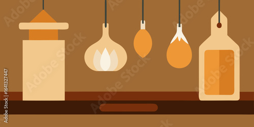 rustic kitchen with hanging garlic and wooden chopping board