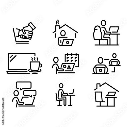 Collection of 9 office and workplace line style icons – desk, meeting, coworking, home office, remote work, coffee break. Perfect for web design, apps, infographics, presentations, and business brand