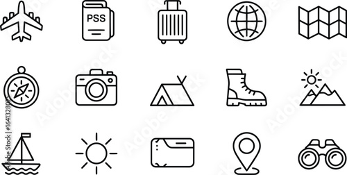 Minimalist Travel Outline Icon Set – Pixel Perfect Thin Stroke Black Line Vector Icons of Transportation, Adventure, and Vacation Symbols on White Background