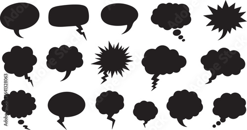 Collection of diverse black speech bubbles and thought bubbles