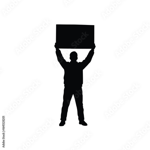 Silhouette of a person holding a blank sign board, isolated on white background