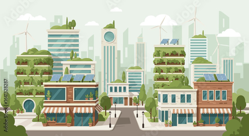 Sustainable city with green buildings, solar panels, and wind turbines offers eco-friendly lifestyle