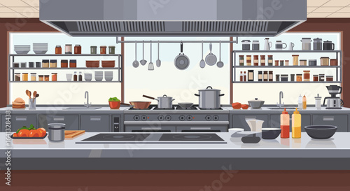 Professional restaurant kitchen brimming with cooking utensils and fresh ingredients for a culinary creation