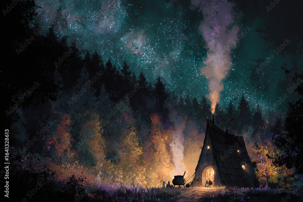 Fototapeta premium A witch’s cottage deep in the forest with cauldron smoke rising under a magical night sky.