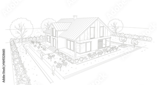 Architectural blueprint of modern house with garden landscape design, sketch
