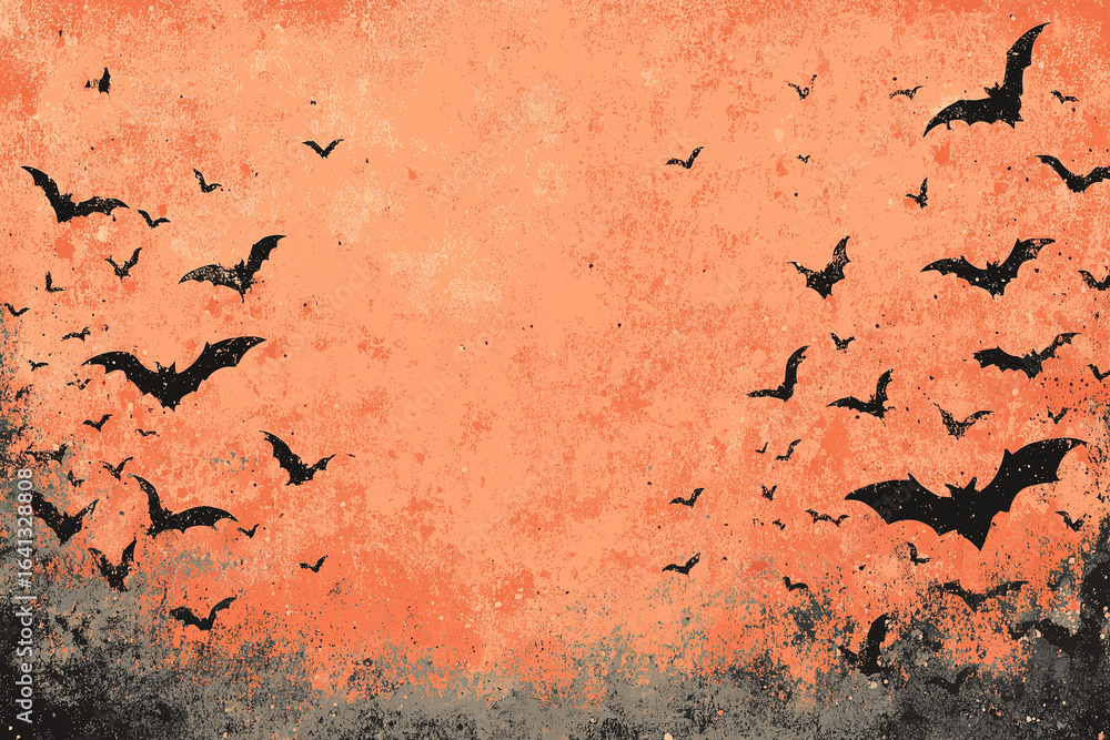 Fototapeta premium A vintage Halloween postcard-style background in orange and black with bats and stars.