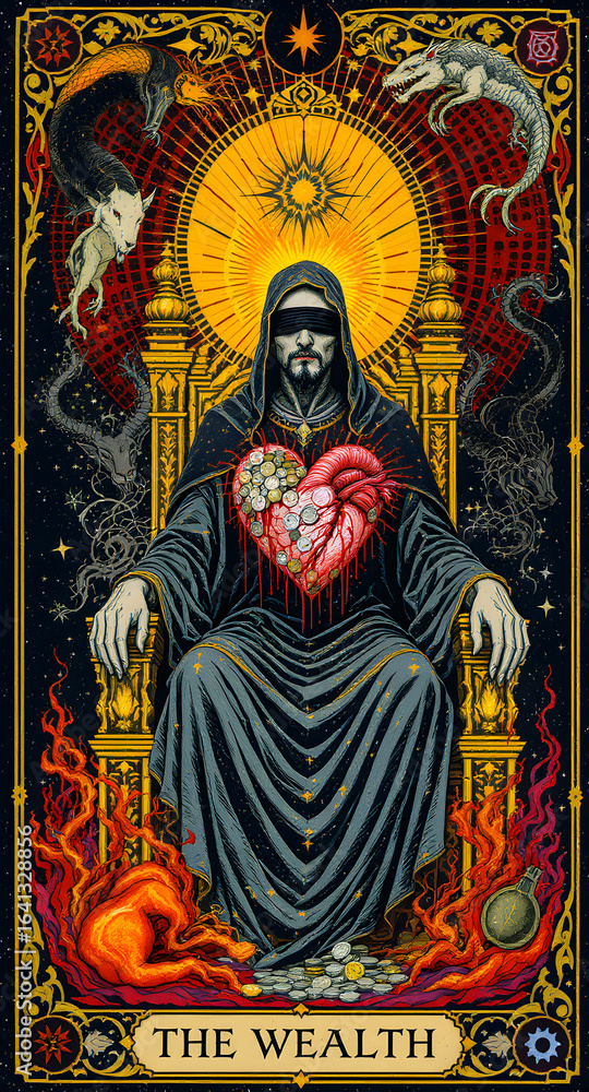 Fototapeta premium A Mystical and Esoteric Wealth Representation Featuring a Cloaked Figure on a