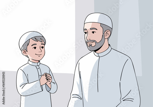 Vector Art of a Father and Son Sharing a Moment in Traditional Islamic Attire for Culture Blogs, Parenting Websites, Religious Education, and Community Awareness  