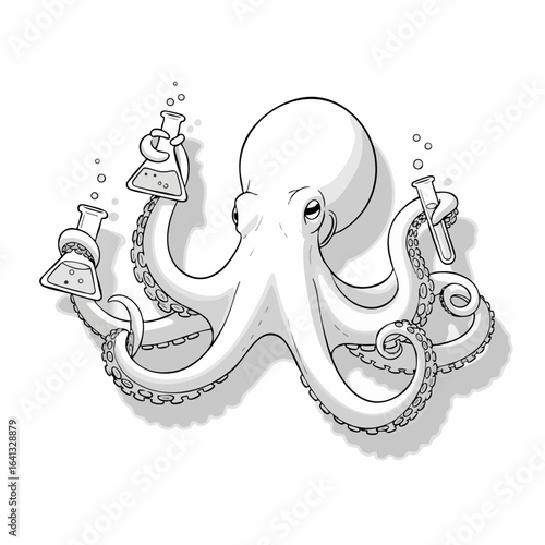 Vector Art of a Curious Octopus Holding Laboratory Beakers with Bubbles for Science Education, Creative Projects, Illustration Design, and Engaging Content  