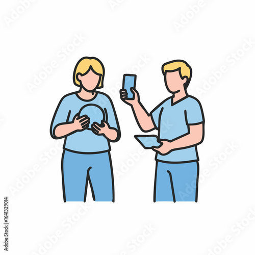 Vector Art of Two People Engaging with Technology, One Holding a Phone and the Other a Tablet for Blogs, Websites, Education, Digital Content, and Awareness  