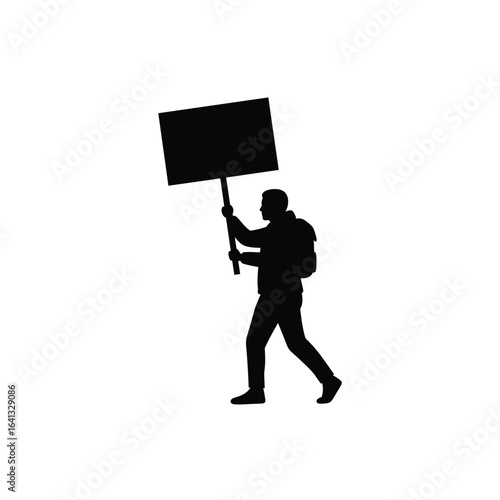 Silhouette of a man walking and holding a blank sign, isolated on white background, symbolizing protest or a message